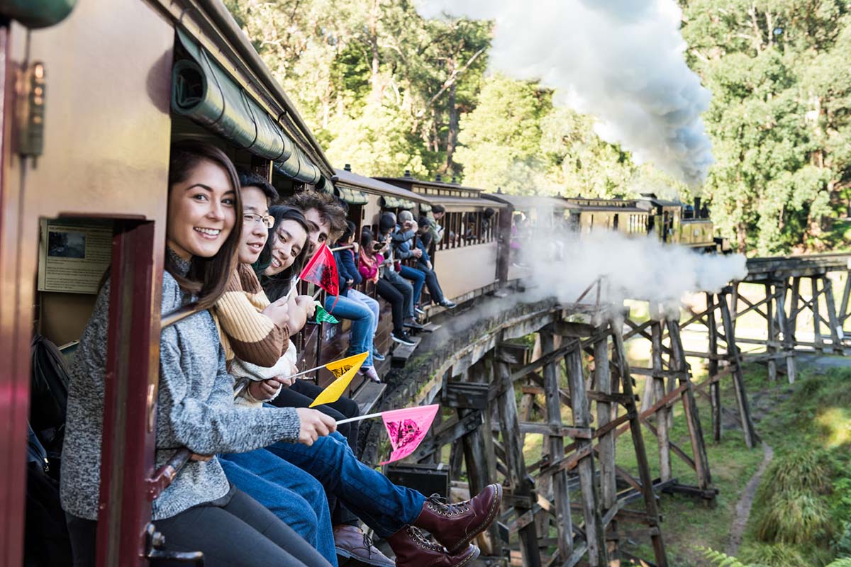 People sit on the sills of Puffy Billy with their legs hanging out of the windows as the steam train passes over a trestle bridge.