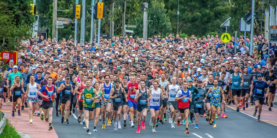 Huge crowd of first wave of runners at the start of a race. 