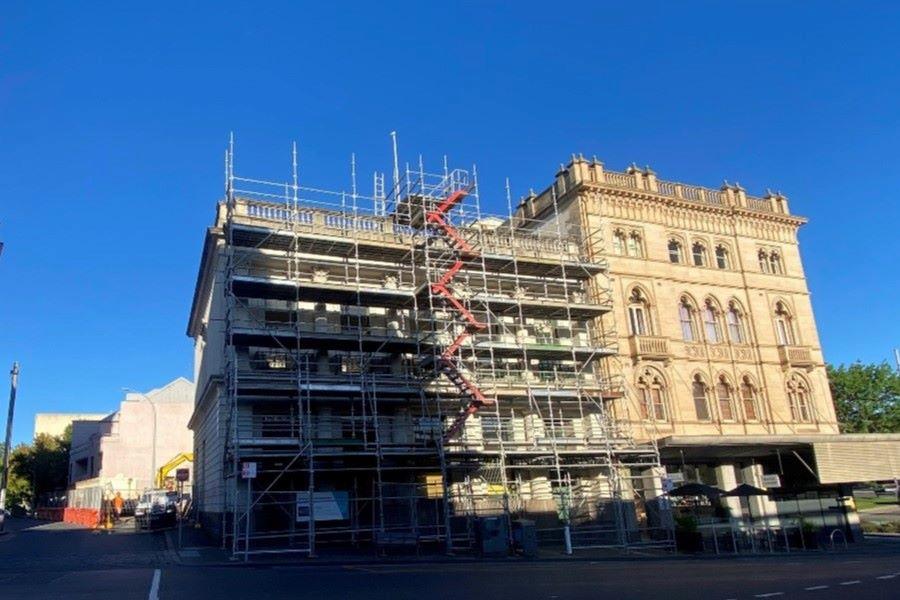 Scaffolding outside of the Union Bank Building that is being transformed into the National Centre for Photography.